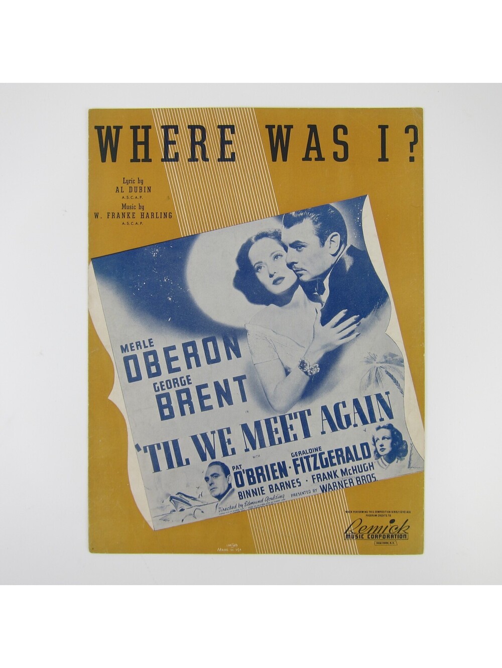 Sheet Music Where Was I? Til We Meet Again Pat O'Brien Geraldine Fitzgerald 1940